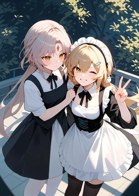 (score_9, score_8_up, score_7_up), 2girls, from above, cowboy shot, maid apron, maid headdress ADDCOMM
<lora:fuxuan-strPO-v1b:0.8>, 1girl, fuxuan, white thighhighs, hair ornament, forehead mark, crossed arms, closed mouth, blush BREAK
<lora:qingque-strPO-v1ar:0.8>, 1girl, qinque, crossed bangs, black thighhighs, v, one eye closed, smile BREAK