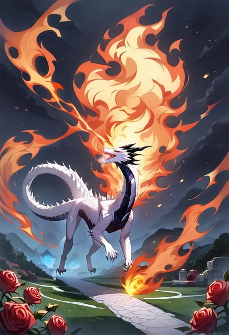 (masterpiece), (best quality), source_anime+, perfect anatomy, HD, 10k Res, digital_media_(artwork) hi_res, intricate, high quality, amazing quality, (noir, fantasy) theme, (1 feral white dragon, breathing fire), (rose, plains), Drestoria-Style_V1