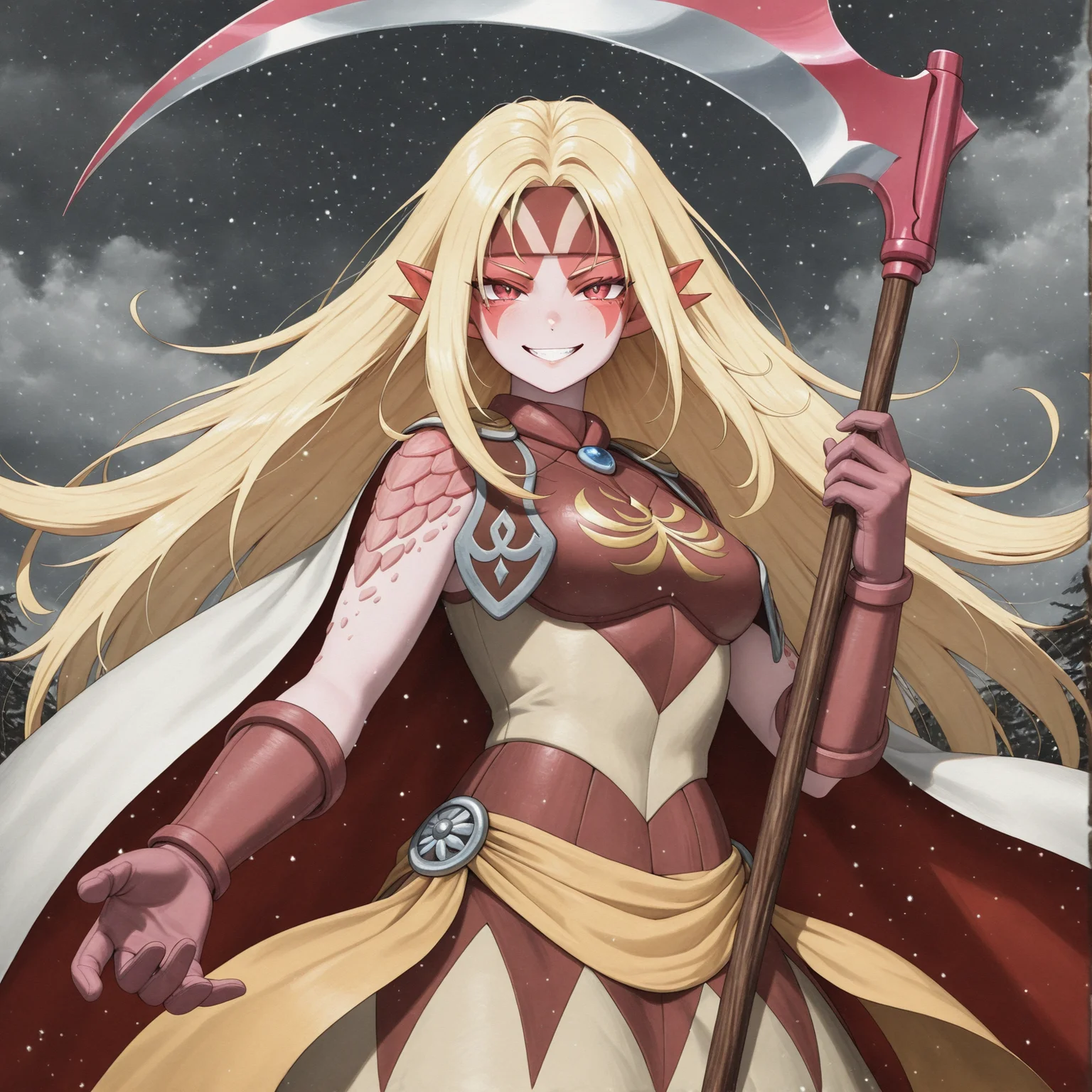 masterpiece, best quality, ultra-detailed, high resolution, absurdres BREAK MenardiGS, 1girl, dragon girl, blond hair, armored dress, solo, long hair, blonde hair, scales, pink skin, facial mark, cape, armor, pointy ears, yellow sash, headband, pink gloves, holding scythe, looking at viewer, sadistic grin, upper body, breasts <lora:Menardi_Golden_Sun:1> <lora:NOOB_vp1_detailer_by_volnovik_v1:1>