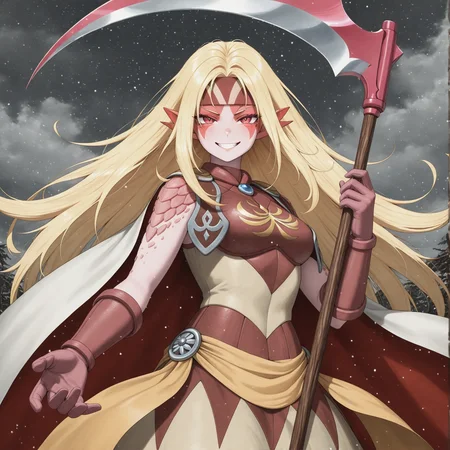 masterpiece, best quality, ultra-detailed, high resolution, absurdres BREAK  MenardiGS, 1girl, dragon girl, blond hair, armored dress, solo, long hair, blonde hair, scales, pink skin, facial mark, cape, armor, pointy ears, yellow sash, headband, pink gloves, holding scythe, looking at viewer, sadistic  grin, upper body, breasts  <lora:Menardi_Golden_Sun:1>  <lora:NOOB_vp1_detailer_by_volnovik_v1:1>