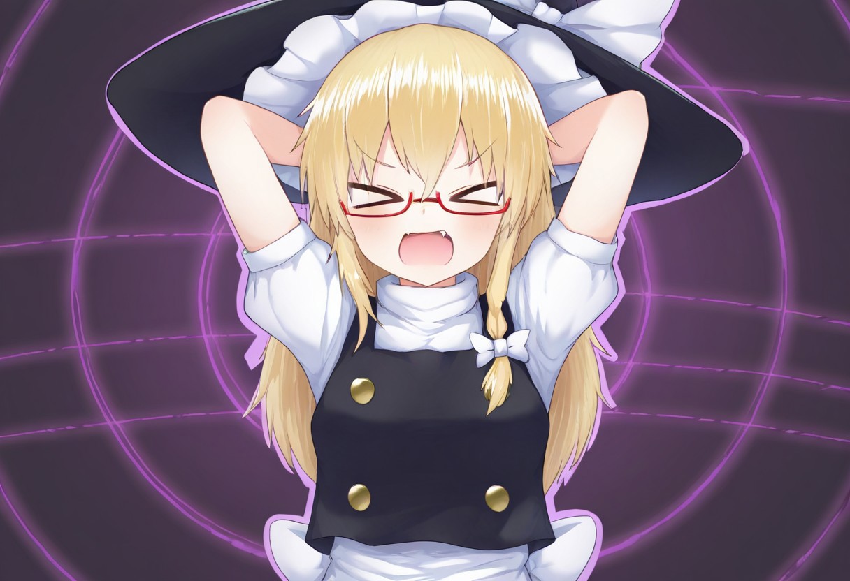 best quality, masterpiece, 
1girl, solo, kirisame marisa, witch hat, glasses,
arms behind head, arms up, short sleeves,
> <, v-shaped eyebrows,
open mouth, fang, screaming, dynamic pose,
spiral background, purple background, black background,