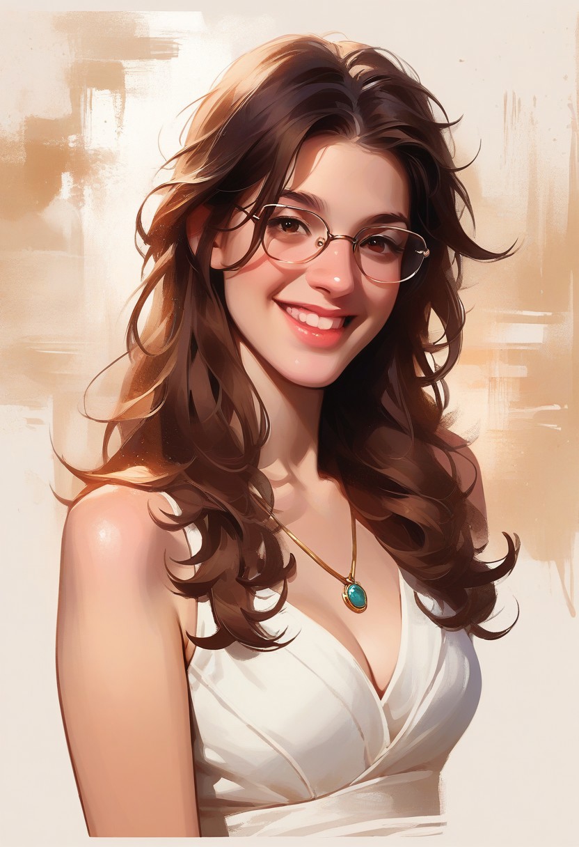score_9, score_8_up, score_7_up, score_6_up, source_cartoon, 1girl, 50 year old female, solo, femenine, petite, lean, pale skin, thick nerdy glasses, eyelids brown, brown eyes, soaking wet hair,long hair, brown hair, smile, diaphonous white dress, bronze necklace, medium breasts, female focus, official style, close up, perfect anatomy, perfect face, standing,  abstract beauty, beautiful, centered, looking at the camera, approaching perfection, dynamic, moonlight, highly detailed, watercolor painting, artstation, concept art, smooth, sharp focus, illustration, portrait