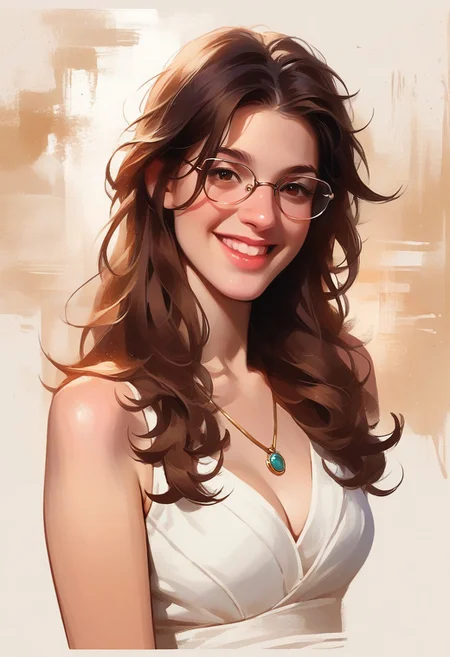 score_9, score_8_up, score_7_up, score_6_up, source_cartoon, 1girl, 50 year old female, solo, femenine, petite, lean, pale skin, thick nerdy glasses, eyelids brown, brown eyes, soaking wet hair,long hair, brown hair, smile, diaphonous white dress, bronze necklace, medium breasts, female focus, official style, close up, perfect anatomy, perfect face, standing,  abstract beauty, beautiful, centered, looking at the camera, approaching perfection, dynamic, moonlight, highly detailed, watercolor painting, artstation, concept art, smooth, sharp focus, illustration, portrait