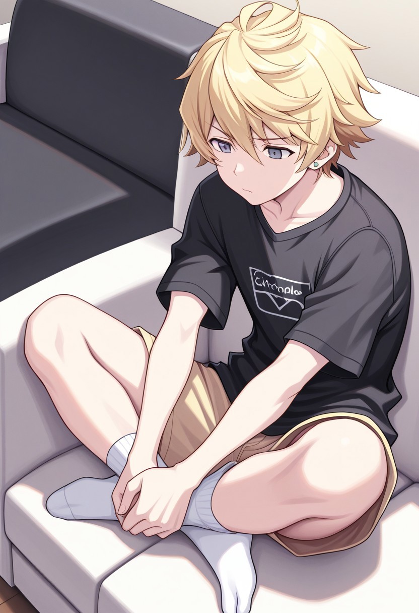 masterpiece,best quality,amazing quality, source_anime,
rindokanade, 1boy, male focus, solo, grey eyes, blonde hair, jewelry, earrings, t-shirt, shorts, socks, couch, sitting, indian style,