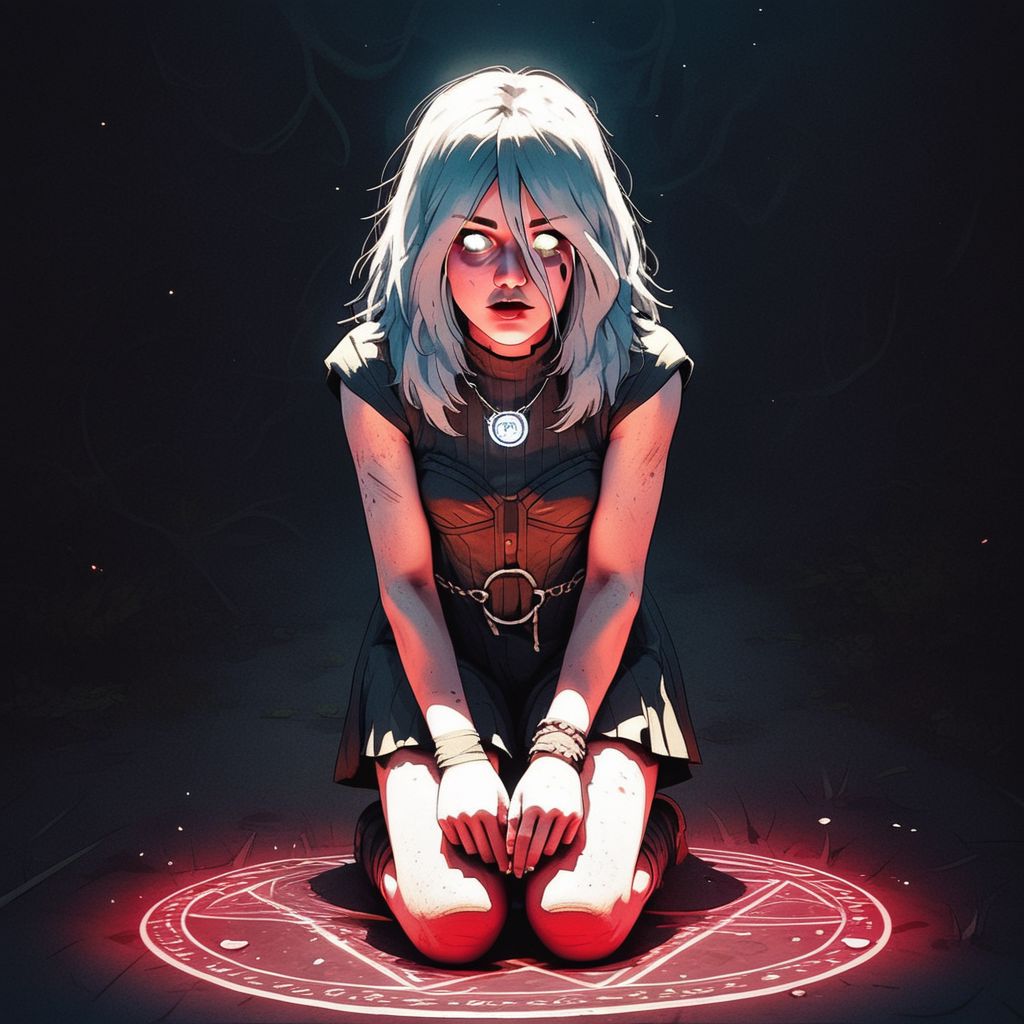 score_9, knva, 1girl, Sable Ward, on knees, salt circle, performing a magic ritual, white eyes, possessed,