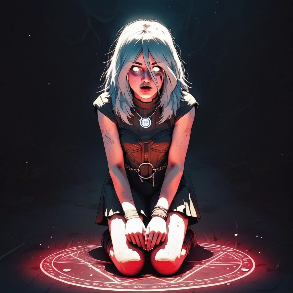 score_9, knva, 1girl, Sable Ward, on knees, salt circle, performing a magic ritual, white eyes, possessed,