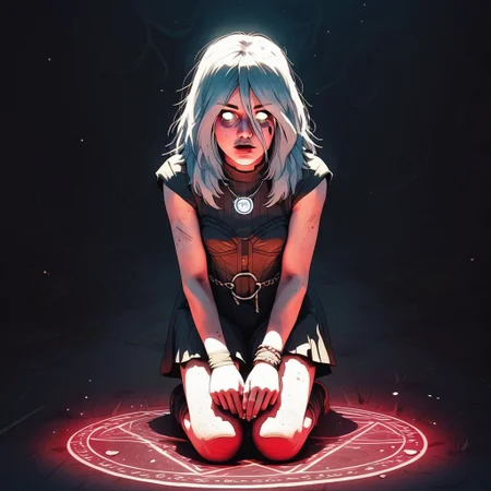 score_9, knva, 1girl, Sable Ward, on knees, salt circle, performing a magic ritual, white eyes, possessed,