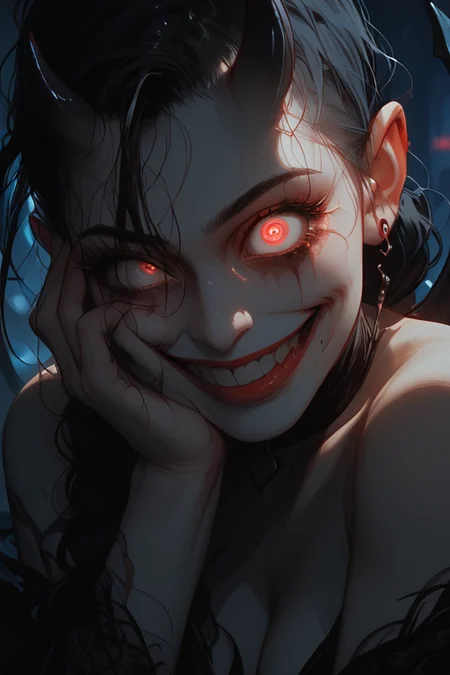 <lora:yandere_sex_pdxl_goofy:1> <lora:Expressive_H:0.85> expressiveh <lora:g0th1cPXL:0.4> g0th1cpxl <lora:incase-ilff-v3-4:0.4> <lora:Sinozick_Style_XL_Pony:0.9> <lora:dark:0.3>, score_9, score_8_up, score_7_up,
1girl, blue skin, saggy breasts, black horns, braided ponytail, half shave, black hair, devil tail, wings, runny mascara, ashes, messy hair,
night club, dim lights, ((face close to the viewer)), neon lights, ((((yandere, crazy smile, crazy eyes)))), one eye slightly closed, holding her face, fingers across her face