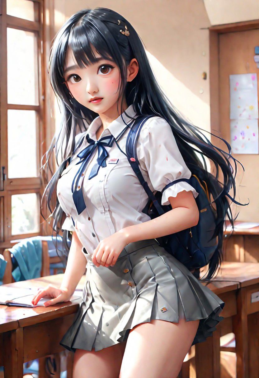 (SFW:1.5), (best quality, 8k, 32k, masterpiece, ultra high definition:1.5), Photos of attractive arafed asian girls, braid, 1 girl, huge breasts ,miniskirt,1 girlstudent standing in classroom, female student, wearing female student outfit, japanese school uniform, white top, gray fruit)) mini skirt)), thigh,student), realistic
