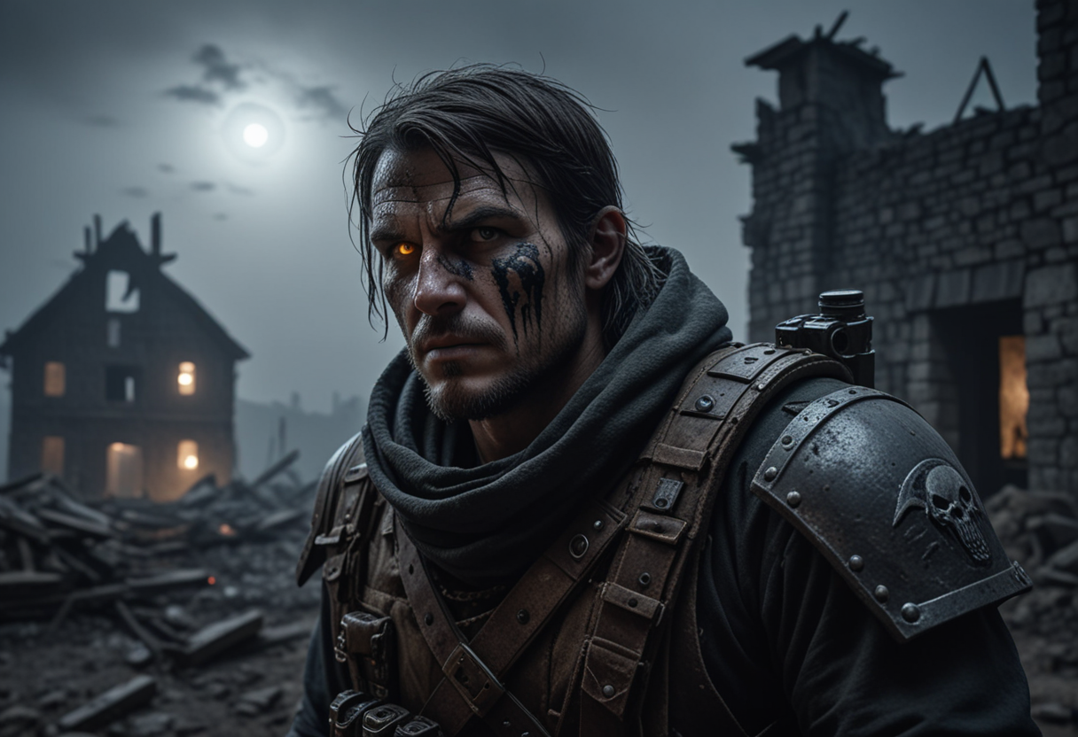 (medium full shot) of (long shot ) of mad raider observing surroundings, detailed face, located in a ruined world at a desolate farm during night with foggy weather, illuminated by starlight, creating a harsh atmosphere, Masterpiece,best quality, photo, realistic, very aesthetic,
