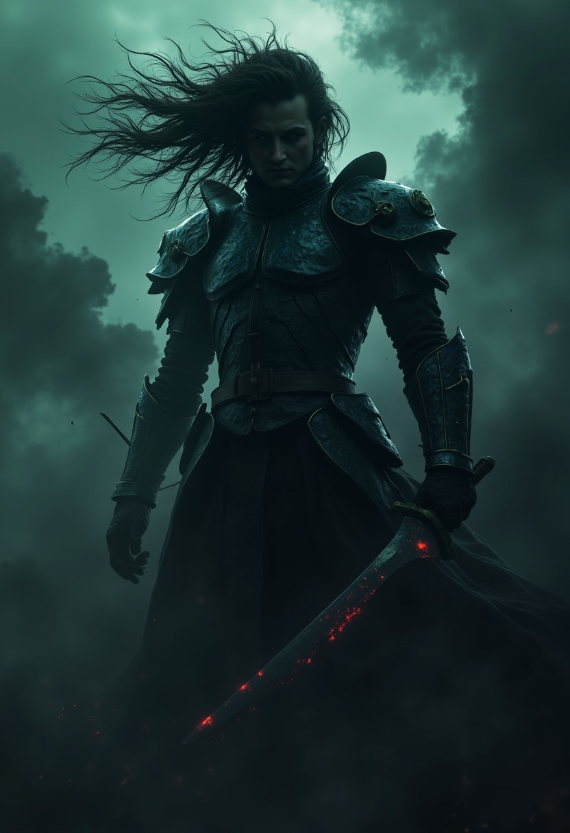A towering figure with billowing Hair looms, dissolving into the abyss of swirling black mist, his silhouette barely distinguishable from the consuming darkness. His armor, once a ghostly echo of pastel hues, now flickers with subdued holographic sakura etchings, like dying embers swallowed by the void. The high-collared shoulder guards, veiled in obsidian translucence, catch the briefest glimmers of spectral neon—cold, distant, and fleeting. A shadow given form, he moves in a blur of motion, his presence more implied than seen, a whisper of death cutting through the gloom. The merciless smirk beneath his crimson-gleaming eyes emerges only for an instant, a sinister glow against the void. The blade, an extension of the abyss itself, carves through the suffocating haze, its brilliance reduced to a mere sliver of dying light. The world bends and fractures around him—grainy, distorted, a fever dream caught between absolute blackness and the last gasps of fading neon.