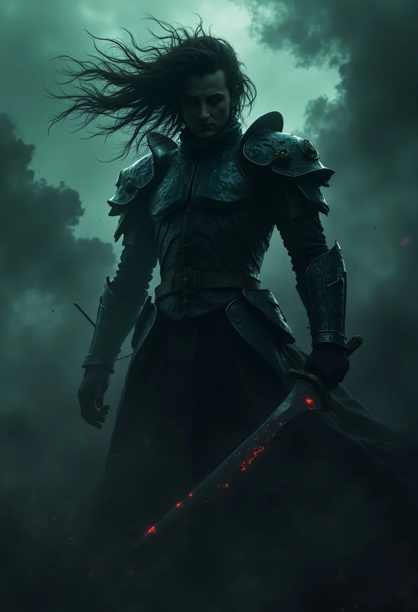 A towering figure with billowing Hair looms, dissolving into the abyss of swirling black mist, his silhouette barely distinguishable from the consuming darkness. His armor, once a ghostly echo of pastel hues, now flickers with subdued holographic sakura etchings, like dying embers swallowed by the void. The high-collared shoulder guards, veiled in obsidian translucence, catch the briefest glimmers of spectral neon—cold, distant, and fleeting. A shadow given form, he moves in a blur of motion, his presence more implied than seen, a whisper of death cutting through the gloom. The merciless smirk beneath his crimson-gleaming eyes emerges only for an instant, a sinister glow against the void. The blade, an extension of the abyss itself, carves through the suffocating haze, its brilliance reduced to a mere sliver of dying light. The world bends and fractures around him—grainy, distorted, a fever dream caught between absolute blackness and the last gasps of fading neon.