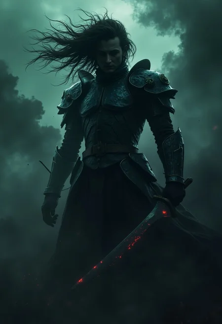 A towering figure with billowing Hair looms, dissolving into the abyss of swirling black mist, his silhouette barely distinguishable from the consuming darkness. His armor, once a ghostly echo of pastel hues, now flickers with subdued holographic sakura etchings, like dying embers swallowed by the void. The high-collared shoulder guards, veiled in obsidian translucence, catch the briefest glimmers of spectral neon—cold, distant, and fleeting. A shadow given form, he moves in a blur of motion, his presence more implied than seen, a whisper of death cutting through the gloom. The merciless smirk beneath his crimson-gleaming eyes emerges only for an instant, a sinister glow against the void. The blade, an extension of the abyss itself, carves through the suffocating haze, its brilliance reduced to a mere sliver of dying light. The world bends and fractures around him—grainy, distorted, a fever dream caught between absolute blackness and the last gasps of fading neon.