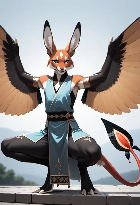 1person, Palagiri, anthro, feline features, feline nose, large ears, ((wings)), ((armless)), perfect wings,
Back view, perfect wings, ((prehensile toes, long toes)), ((feathers-tipped tail, fanned tail-tip, tapering-tip tail)),
digitigrade legs, pelvic curtain tunic,
Source: anime, score: 9, score: 8up,