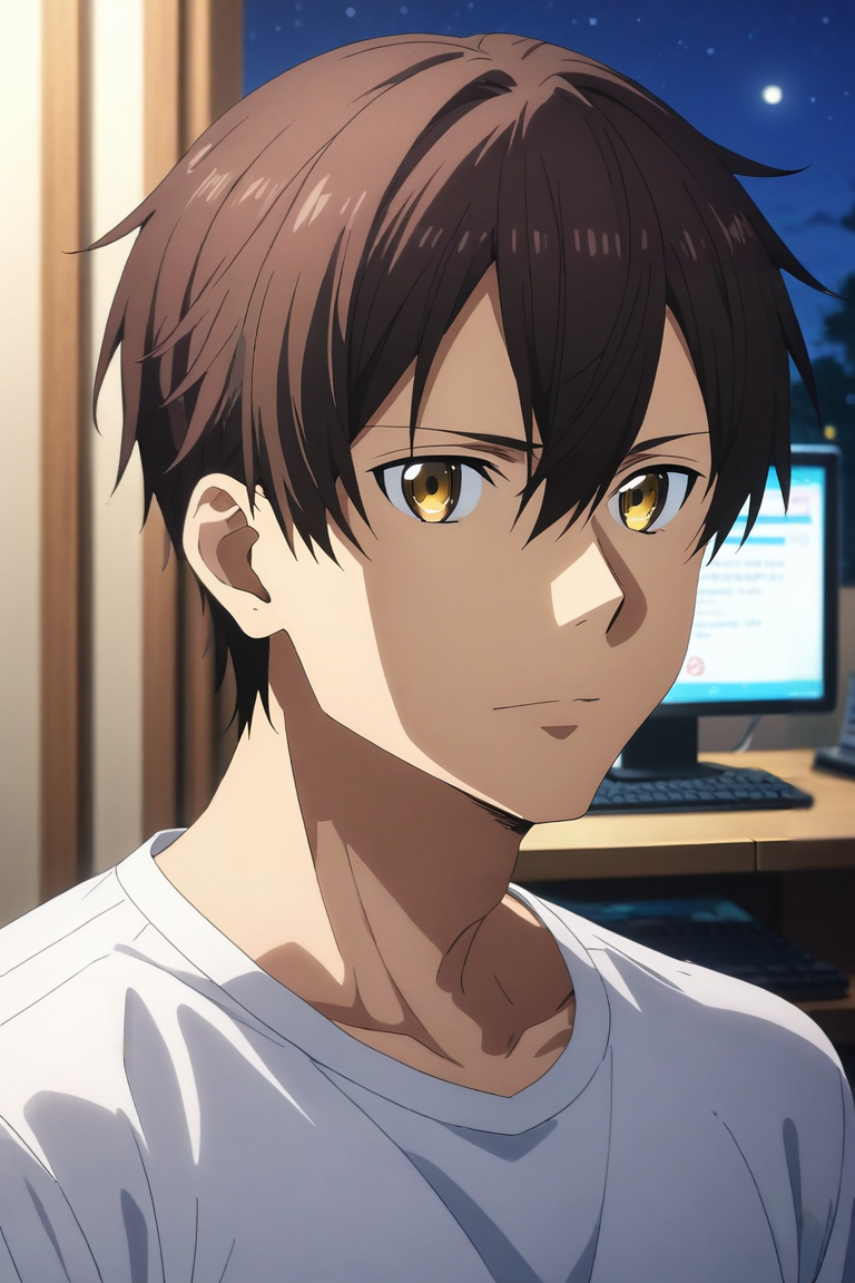 score_9, score_8_up, score_7_up, source_anime, rating_safe, , anime screencap, anime coloring, official style, looking at viewer, depth of field, 1boy, male focus, gold eyes, dark brown hair,, solo, straight-on, bedroom, computer monitor, night, crescent moon, hand on hip, squinting, <lora:sao_alicization_style_pony:0.82>, sao_alicization_style, <lora:sdxl_lightning_8step_lora:1>