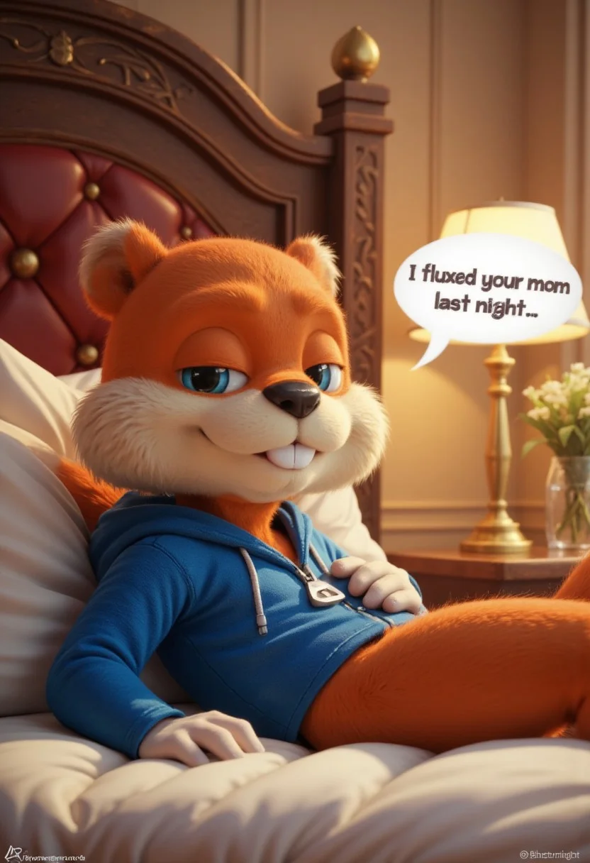 Photorealistic conker the short anthropomorphic cartoon squirrel in real life conker, wearing a blue hoodie .  highly detailed, realistic lighting with highly detailed fur. 
He is lying on a fancy bed in a sexy pose, looking seductive and has a speech bubble with the text "I fluxed your mom last night"