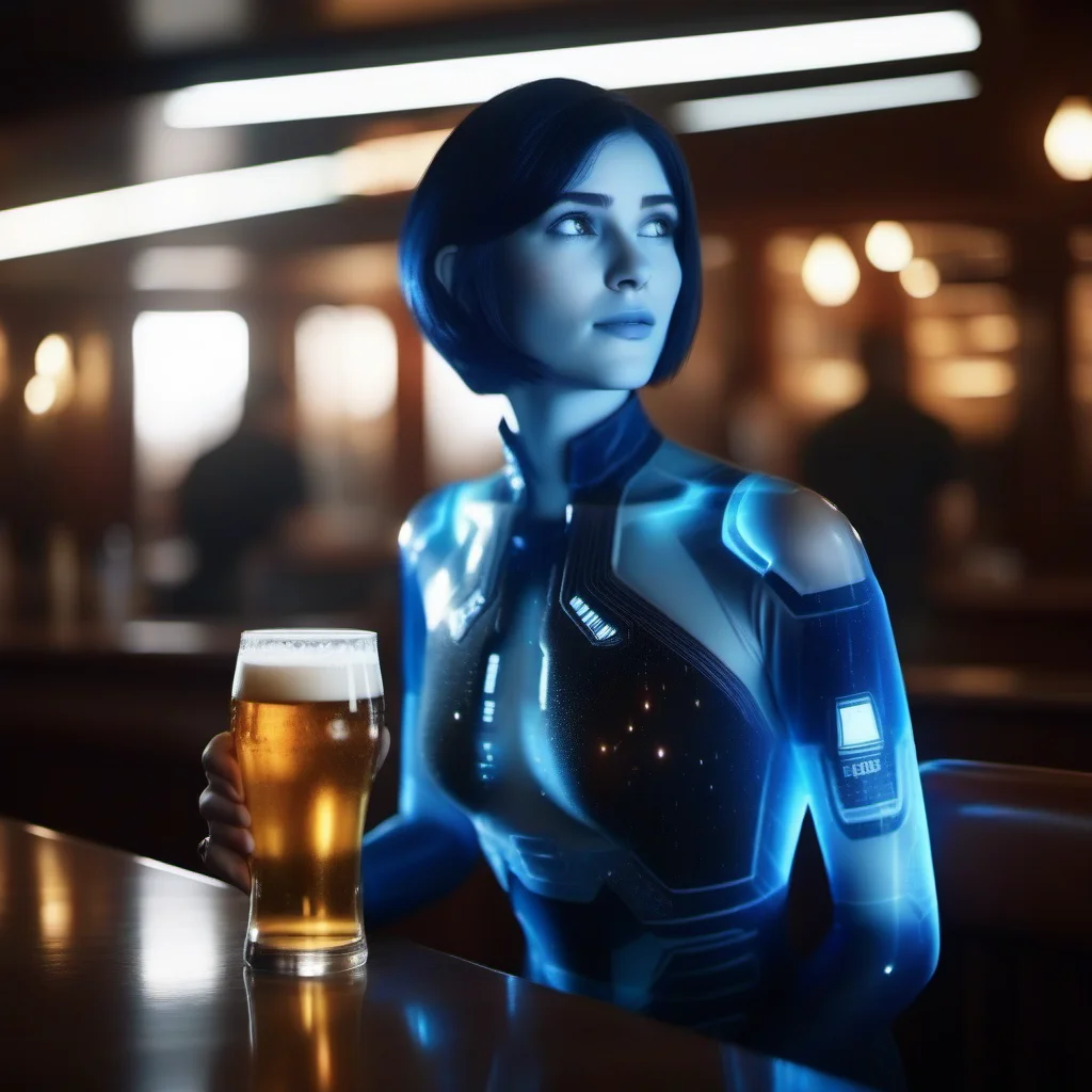 cinematic photo 1girl, short hair, blue skin, science fiction, transparent hologram, having a beer in a pub  <lora:Cortana1024:0.8> . 35mm photograph, film, bokeh, professional, 4k, highly detailed