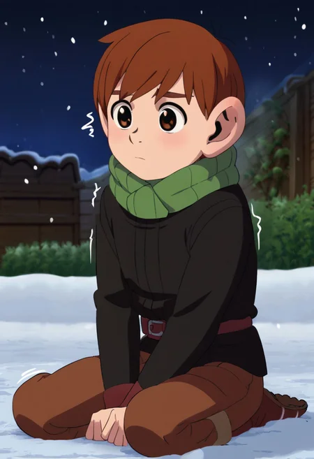 chilchuck_tims, brown hair, brown eyes, solo, shivering from the cold, sit on ground, pleading expression, outdoor, night sky in the background, snowy