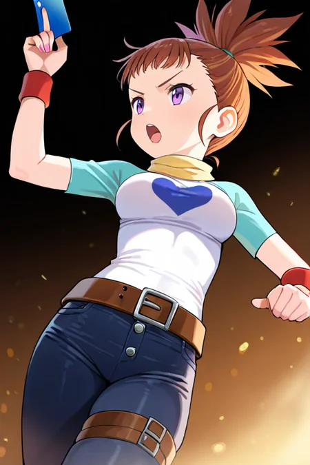 masterpiece, High quality, Ultra detailed, 2d, newest, absurdres, highres, BREAK
1girl, solo, <lora:makino_ruki:0.8>, ruki_makino, high ponytail, brown hair, purple eyes, 
medium breasts, rukidef, raglan sleeves, scarf, t-shirt, heart print, wristband, belt, pants, jeans, thigh strap, 
card, holding card, fighting stance, hand up, open mouth, from below,
