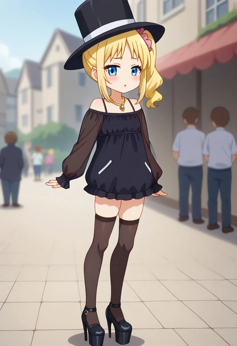 score_9, score_8_up, score_7_up , 1girl, High heels, blue eyes, sidelocks, side ponytail, streaked hair, flat chest, braided ponytail, masterpiece, best quality, absurdres,
gyaru gal, see-through PVC jacket, large picture hat, miniskirt, over-the-knee stockings, makeup, long eyelashes, glossy lipstick, mascara, blush, eyeshadow, jewel necklace, rich girl, sparkles, (glittering pastel clothing, glossy sparkling fabric), sharp focus, empty street, Expressiveh, Crimvael, ((depth of field)), platform mary janes,
