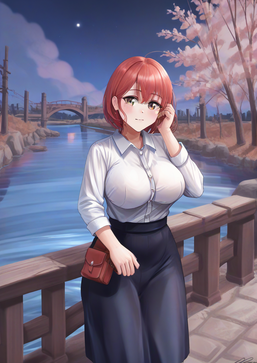 1girl, huge breast, bridge, brown eyes, hand in own hair, night, outdoors, red hair, river, scenery, shirt, short hair, solo, white shirt,  zPDXL3<lora:solharuu:1>