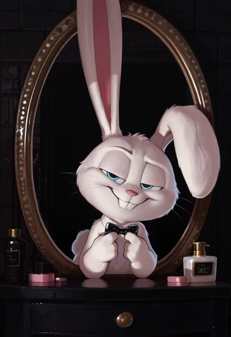 masterpiece, amazing quality, absurdres, ultra-detailed, detailed fluffy fur, no humans, furry male, solo, short, alec_azam, 1boy, white fur, blue eyes, whiskers, buck teeth, grin, teeth, rabbit tail, long ears, (droopy ears:1.1), unaligned ears, smug, half-closed eyes, eyelids, big black bowtie, sequined bowtie, glitter bowtie, detached collar, adjusting bowtie, hands up, head tilt, fluffy, body fur, fewer digits, 4 fingers, looking at viewer, big head, upper body, leaning forward, raised eyebrow, 
BREAK
looking at mirror, indoors, dressing room, vanity table, v4n1ty, hollywood mirror, mirror lights, bottles, (cosmetics:0.8), dark room, brick wall, light particles, detailed shading, WaiIL25PosC
