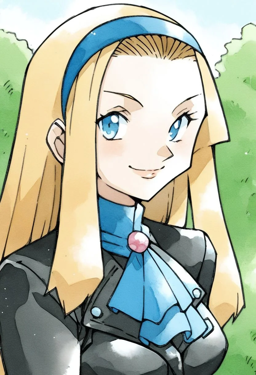 score_9, score_8_up, score_7_up, score_6_up, score_5_up, score_4_up, ken sugimori, watercolor \(medium\),
BREAK
1girl, solo, sidelocks, hairband, smile, lips, breasts, upper body, blonde hair, long hair, blue eyes, hair intakes, closed mouth, light blush, medium breasts, blue hairband, blue ascot, red dress, black jacket, ascot, looking at viewer, long sleeves, dress, armored dress, jacket, pearl (gemstone), leather, outdoors