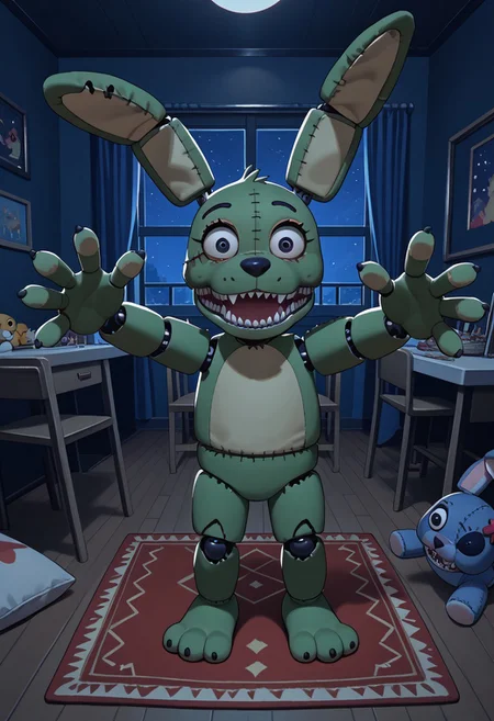 score_9, score_8_up, score_7_up, solo male, (high-angle view:1.1), pov, PlushtrapFNAF, rabbit ears, scut tail, teeth, wear and tear, green fur, petite, barefoot, 4 fingers, perfect hands, (large head:1.1), shortstack, small body, sharp teeth, fuzzy, plush body, seam \(sewing\), stitch \(sewing\), animatronic, glowing eyes, crooked whiskers, ragged, withered,
masterpiece, detailed face, looking at viewer, smile, open mouth, nervous, knock-kneed, cocked head, zPDXL3, dark house, inside, nighttime, night, raised arms, hands up, reaching towards viewer, bedroom, carpet, chair, standing, living plushie, detailed background, dutch angle, spooky, perspective, side view