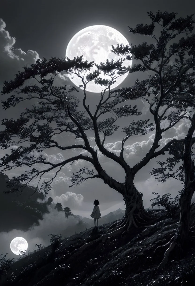 surreal theme, anime style, white fleecy hill, sprawling black and white tree, red neon moon in white and gray sky, max details, dynamic, great lighting, perfect shading, atmospheric, best quality, sharp focus, high contrast, stylized, clear, surreal, ultra quality, 8k, best quality, masterpiece, midjourneyv6.1