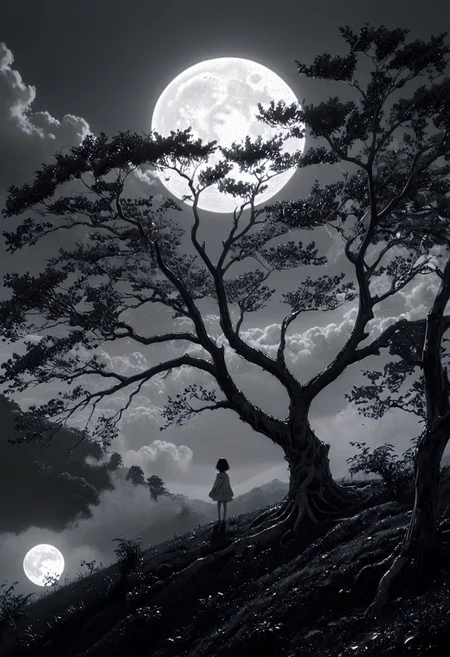 surreal theme, anime style, white fleecy hill, sprawling black and white tree, red neon moon in white and gray sky, max details, dynamic, great lighting, perfect shading, atmospheric, best quality, sharp focus, high contrast, stylized, clear, surreal, ultra quality, 8k, best quality, masterpiece, midjourneyv6.1