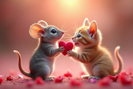 a mouse on the left giving valentine heart to a kitten on the right
