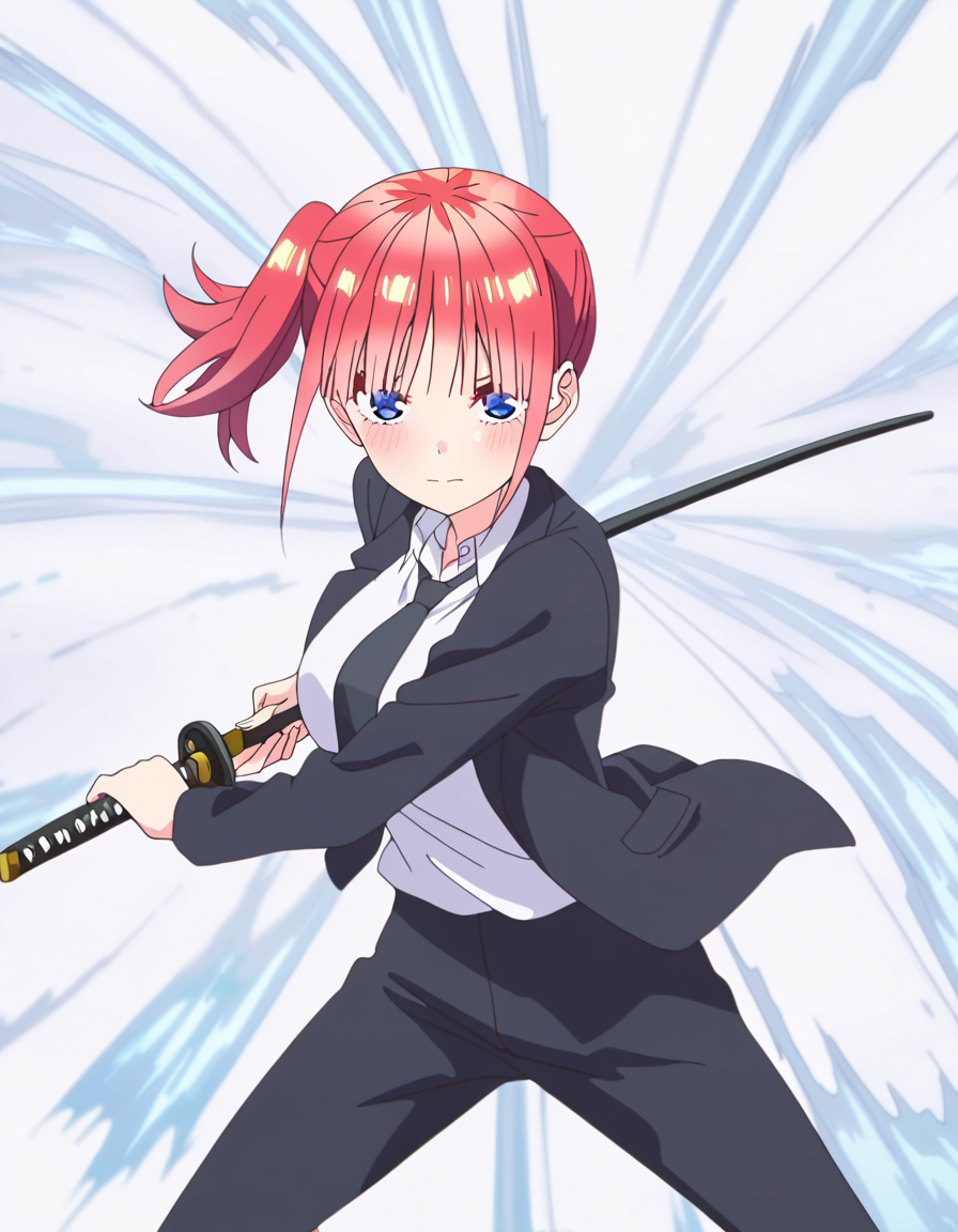 masterpiece, best quality, newest, absurdres, highres, safe,, <lora:nino-nakano-honeymoon-ponyxl-lora-nochekaiser:1>, nino nakano, short hair, bangs, blue eyes, large breasts, pink hair, blunt bangs, side ponytail, one side up, anime screencap, <lora:battoujutsu-stance-illustriousxl-lora-nochekaiser:1>, battoujutsu stance, looking at viewer, holding, weapon, sword, holding weapon, holding sword, standing, katana, sheath, sheathed, fighting stance, ready to draw, shirt, long sleeves, jacket, white shirt, necktie, collared shirt, pants, black jacket, floating hair, black pants, formal, suit, black necktie, black suit, pant suit,, ,