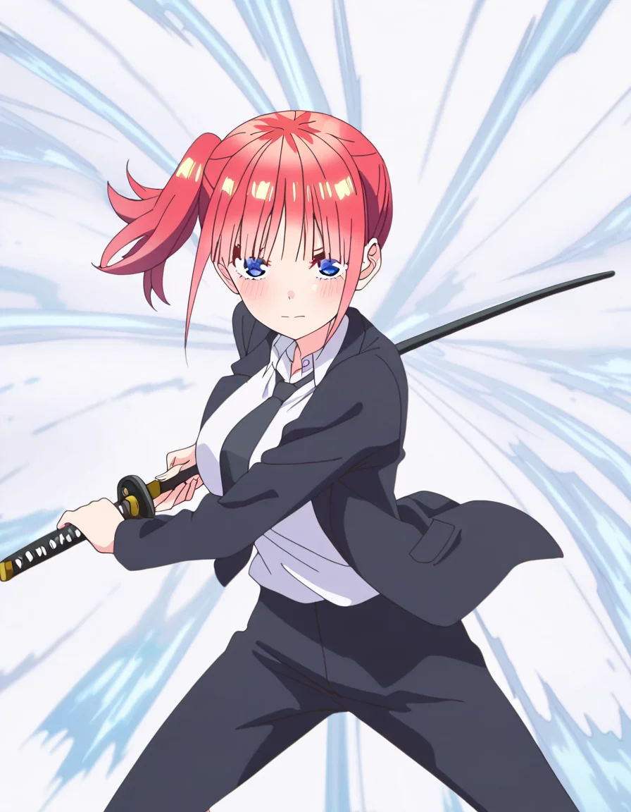 masterpiece, best quality, newest, absurdres, highres, safe,, <lora:nino-nakano-honeymoon-ponyxl-lora-nochekaiser:1>, nino nakano, short hair, bangs, blue eyes, large breasts, pink hair, blunt bangs, side ponytail, one side up, anime screencap, <lora:battoujutsu-stance-illustriousxl-lora-nochekaiser:1>, battoujutsu stance, looking at viewer, holding, weapon, sword, holding weapon, holding sword, standing, katana, sheath, sheathed, fighting stance, ready to draw, shirt, long sleeves, jacket, white shirt, necktie, collared shirt, pants, black jacket, floating hair, black pants, formal, suit, black necktie, black suit, pant suit,, ,