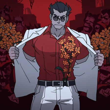 masterpiece, best quality, newest, absurdres, highres, DevManV1.0-IL, 1boy, helltaker \(helltaker\), black hair, short hair, muscular, muscular male, sunglasses, glasses, white jacket, white pants, black belt, red shirt, formal clothes, flower in clothes, open jacket