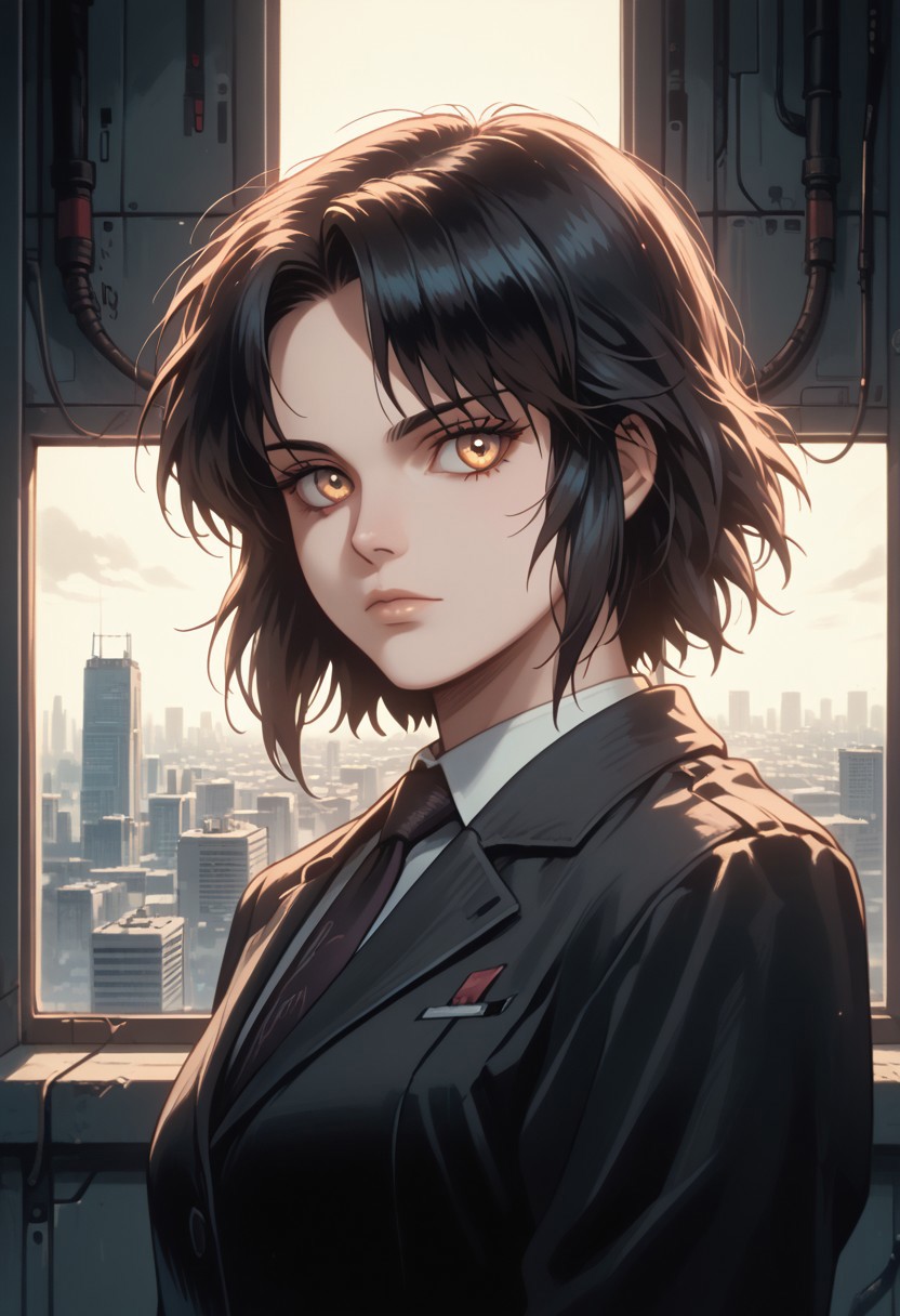 score_9, score_8_up, score_7_up, 
BREAK
anime screencap, soft lighting, muted colors, high contrast, whimsical, detailed, high-definition, intricate details, cinematic,
1girl, solo, young,
medium breasts, black hair, medium hair, (messy hair:0.7), EyesHD, expressionless, serious, (smirk:0.7), sarcastic,
exusiaiwild, hair over one eye, black jacket, white shirt, necktie, business suit,
(looking at viewer:1.2),
detailed background, cyberpunk room, window, city view,
ghostshell, retrostyle, ghostintheshellstyle