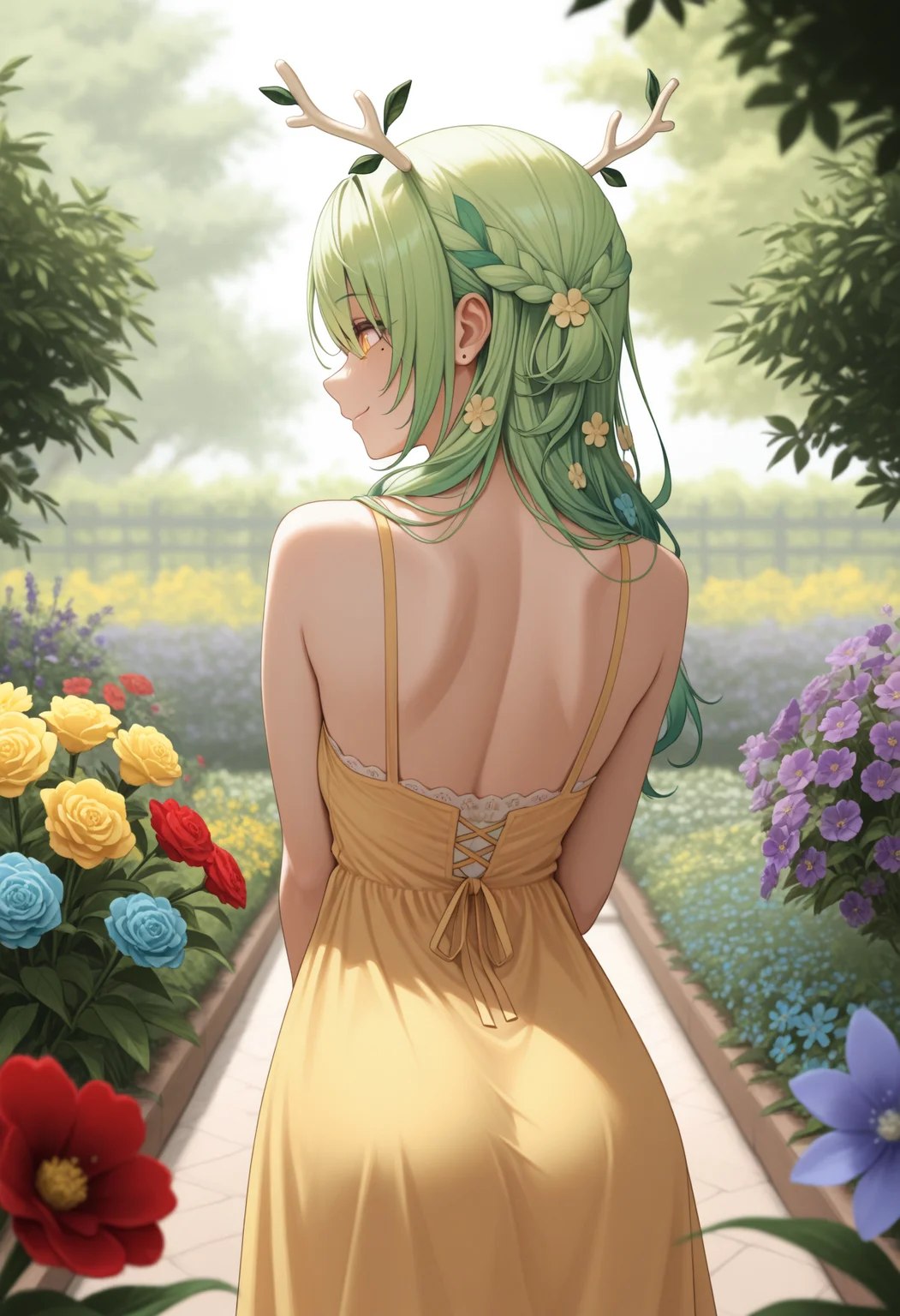masterpiece, best quality, 1girl, solo, C3resF4una, yellow eyes, mole under eye, green hair, antlers, long hair, braided bangs, hair flowers, from behind, outdoors, garden, flower, red flower, blue flower, purple flower, yellow flower, looking back, yellow sundress, shoulder blades, sleeveless, smile, <lora:ChamCeresFaunaNoob:1>