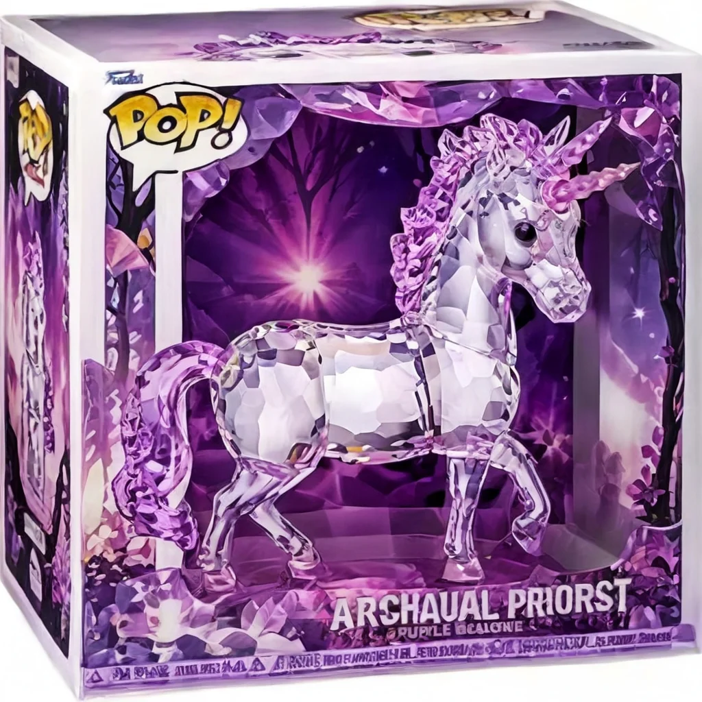 Funko Pop,arschgaul, pamcrystal unicorn, purple braids, magic forest background,in a Funko Pop box,highly detailed,masterpiece,high quality, 8K Ultra HD, dark