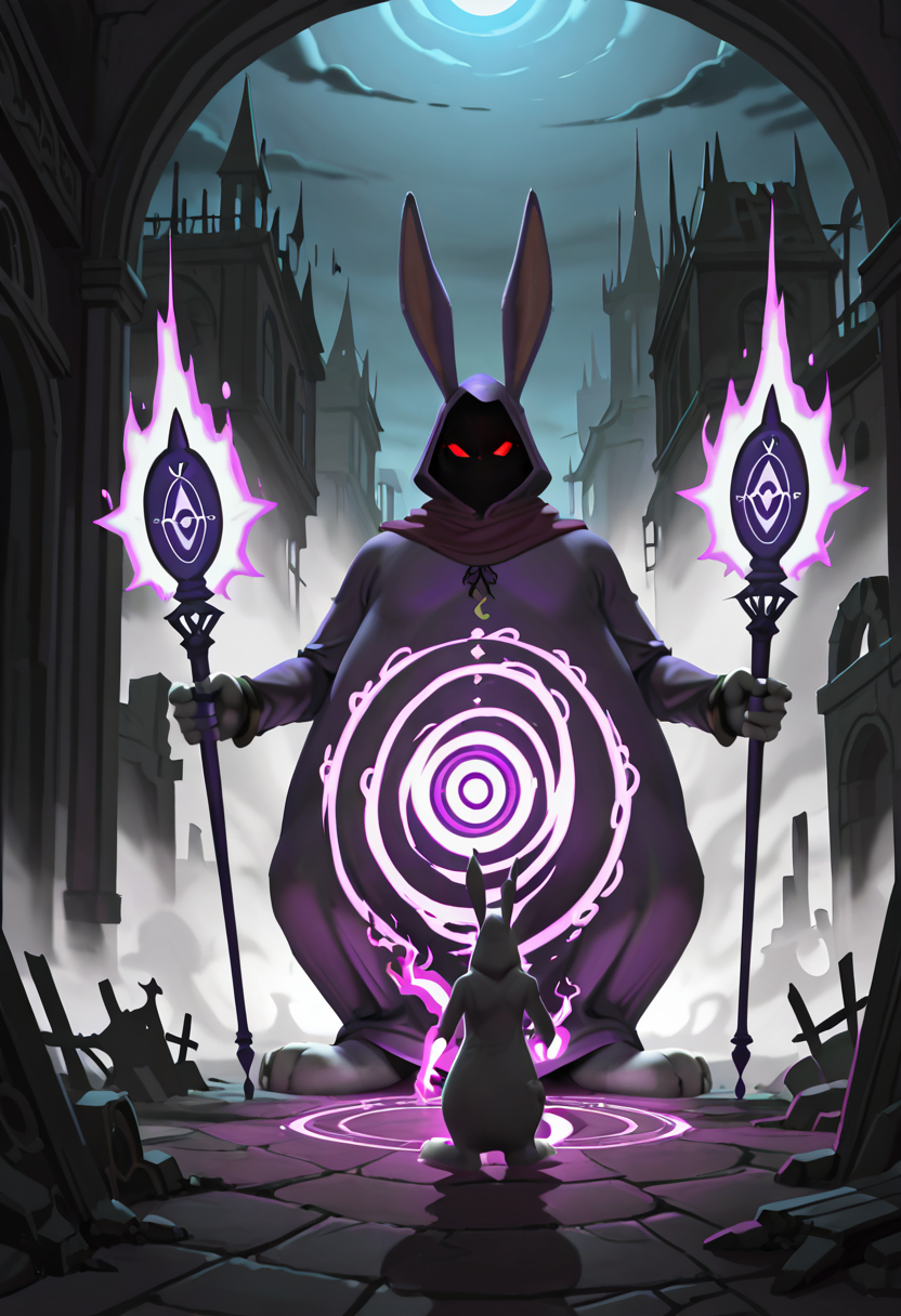 masterpiece, best quality, no humans,   zzBigChungus,   dark wizard robe, glowing staff, hood up, glowing red eyes, haunted ruins, floating spell circles, night, purple mist, gothic arches, magical aura, dramatic shadows â Veiled in shadows beneath crumbling gothic ruins, Big Chungus channels ancient power through a gnarled staff etched with arcane runes. A web of glowing spell circles orbits his feet, purple mist curling around him as lightning dances between his fingers and the heavens rumble in fear.   ,<lora:BigChungusIXL:1.0>,