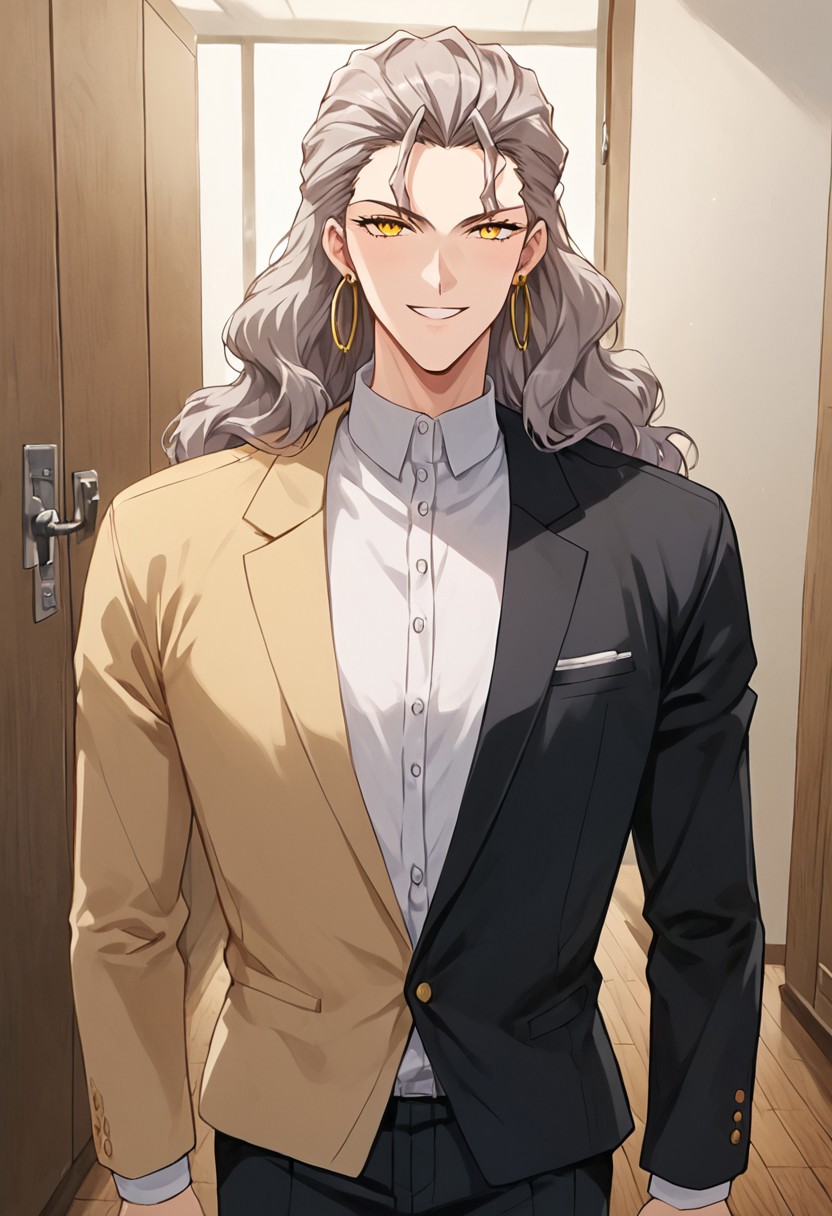 1990s (style), source_anime, official style, PonyXLV6_Scores, masterpiece, ultra detailed, best quality, beautiful face, perfect anatomy, anatomically correct, detailed eyes, <lora:xl_more_art-full_v1:0.7>, <lora:Detailed_anime_style:0.4>, <lora:LCM&TurboMix:1.0>, <lora:Expressiveh:0.5>, Expressiveh, 5 fingers, perfect hands, perfect feet, BREAK (<lora:CD11_kurozaki-10:1>, Kurozaki_CD11, 1boy, grey hair, long hair, wavy hair, yellow eyes, 3 hoop earrings, white shirt, (two-toned suit, left side black with brown lapel, right side brown with black lapel,),), BREAK standing, stern, looking at viewer, smug, grin, cowboy shot, BREAK (changing room, wooden floor,),
