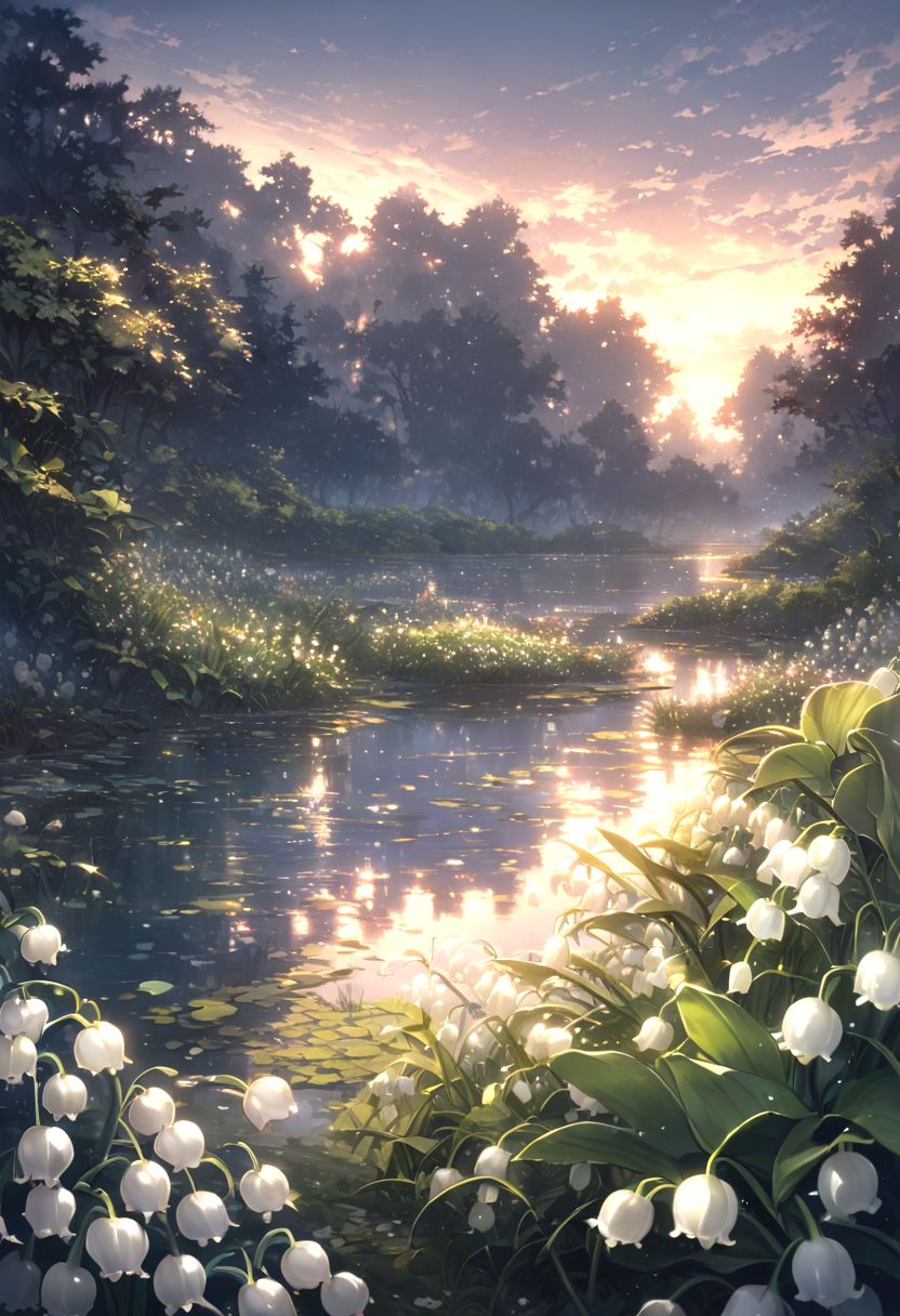 detailed background,( Calm spring night landscape), amongst lush greenery, beautiful view, Lily of the valley in full bloom, Lily of the valley, early morning, sunrise sky, beautiful clouds, dappled sunlight, outdoor seating, one lamp, Tranquil Lake, petals dancing in the wind, depth of field, masterpiece, best quality, ultra-detailed, very aesthetic, illustration, perfect composition, intricate details, absurdres, moody lighting, wisps of light, no humans,