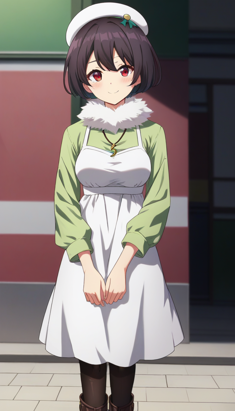 score_9,score_8_up,masterpiece,best quality,correct anatomy,anime_source,1girl,solo,perfect eyes,perfect arms,perfect legs,perfect face,outdoors,upper body,(portrait:1.5),looking at viewer,facing viewer,smile,blush,Sayuri Jisshoji,beret,white headwear,short hair,black hair,red eyes,fur collar,fur trim,necklace,green shirt,long sleeves shirt,halter dress,white dress,sleeveless dress,medium breasts,black pantyhose,high heel boots,brown footwear,<lora:Sayuri Jisshoji(bnr)-Pony:1.6>,