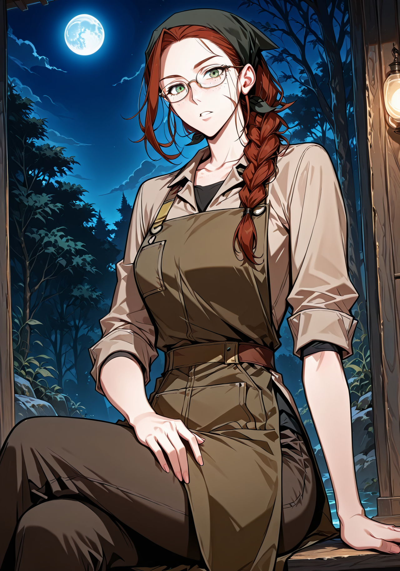 <lora:Eileen_Makefield__Omniscient_Readers_Viewpoint__Illustrious:1>
1 girl, solo, green eyes, red hair, brown hair, braid, single braid, long hair, freckles, head scarf, hair over shoulder, scar on face, braided ponytail,
black shirt, brown shirt, collared shirt, glasses, bandana, brown apron, collarbone, sleeves rolled up, 
(Anime_source),Masterpiece,(perfect female body:1.2), small waist,(incredibly detailed:1.4), slim, beautiful fingers, parted lips, looking at viewer, sitting, crossed legs, night, blue moon, <lora:iLLMythG0thicL1nes:1>