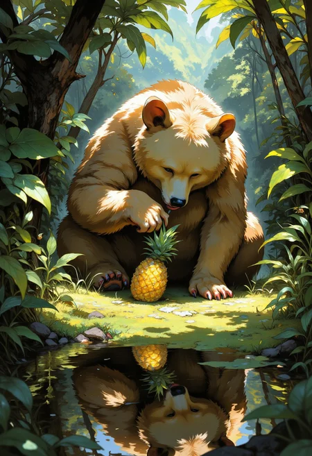 a secluded tropical grove, reflection, one beautiful shadowed grizzly bear with long fur is eating a pineapple, bear paws, bear ears, lush vegetation, botanical garden, foliage, glowing, soft pastel colors, best quality, double exposure, realistic, whimsical, fantastic, splash art, intricate detailed, hyperdetailed, maximalist style, photorealistic, concept art, sharp focus, harmony, serenity, tranquility, mysterious glow, soft colors, ambient occlusion, halation, cozy ambient lighting, dynamic lighting, masterpiece, award winning, DB4RZ, DB4RZ style painting, digital illustration, anime, illustrious_style