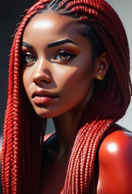 score_9, score_8_up, score_7_up, 1 woman, dark skin, black2yellow box braids, long thick box braids, portrait,close up, b0ll4nd, beautiful, supermodel, red latex bodysuit, large orange earrings, DRKDL, dramatic lighting,skin texture style, detailed skin pore, detailed skin, realistic skin