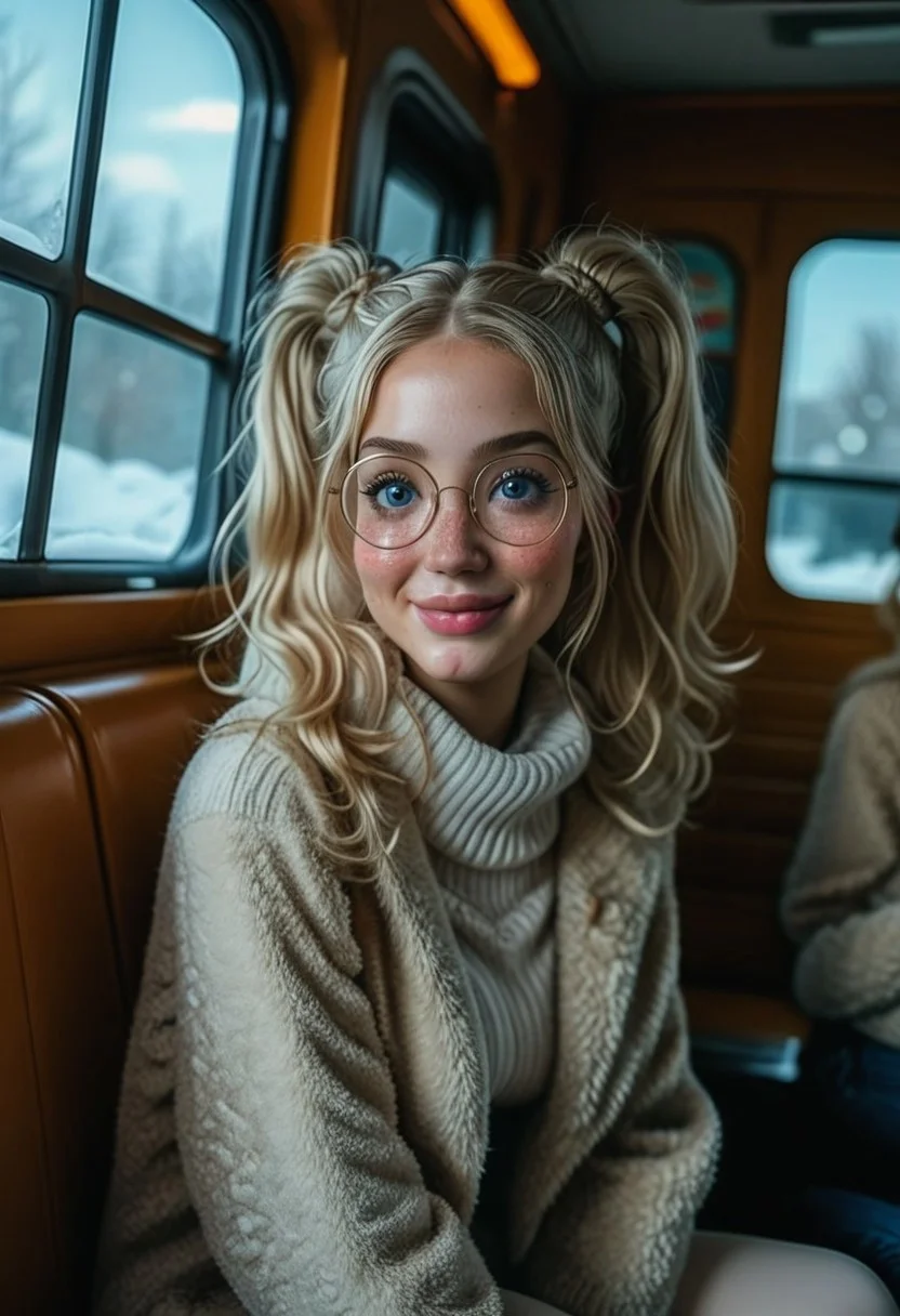 score_9, score_8_up, score_7_up, Freckles, Natural skin, zPDXL3, 18 years old, 1 woman, young woman, full-length, wearing a warm beige winter sheepskin coat, white warm sweater, beige leggings, white shoes, blonde, skinny, chin "like Jolie", medium breasts, hairstyle "two pigtails", round transparent glasses, freckles on her face, beautiful eyes, chest 3 sizes, tanned skin, bright blue eyes, clear gaze, very beautiful and expressive eyes, big lips, sweet smile, delicate blush, long thick eyelashes, ((( very thin tanned body))), perfect tits, porous skin, shiny skin, perfect body, perfect hands, dynamic angle, volumetric lighting, riding a bus, sitting by the window, pressed against the window, snow outside, people talking in the background, a lot of people, the background is blurred, focus on the face