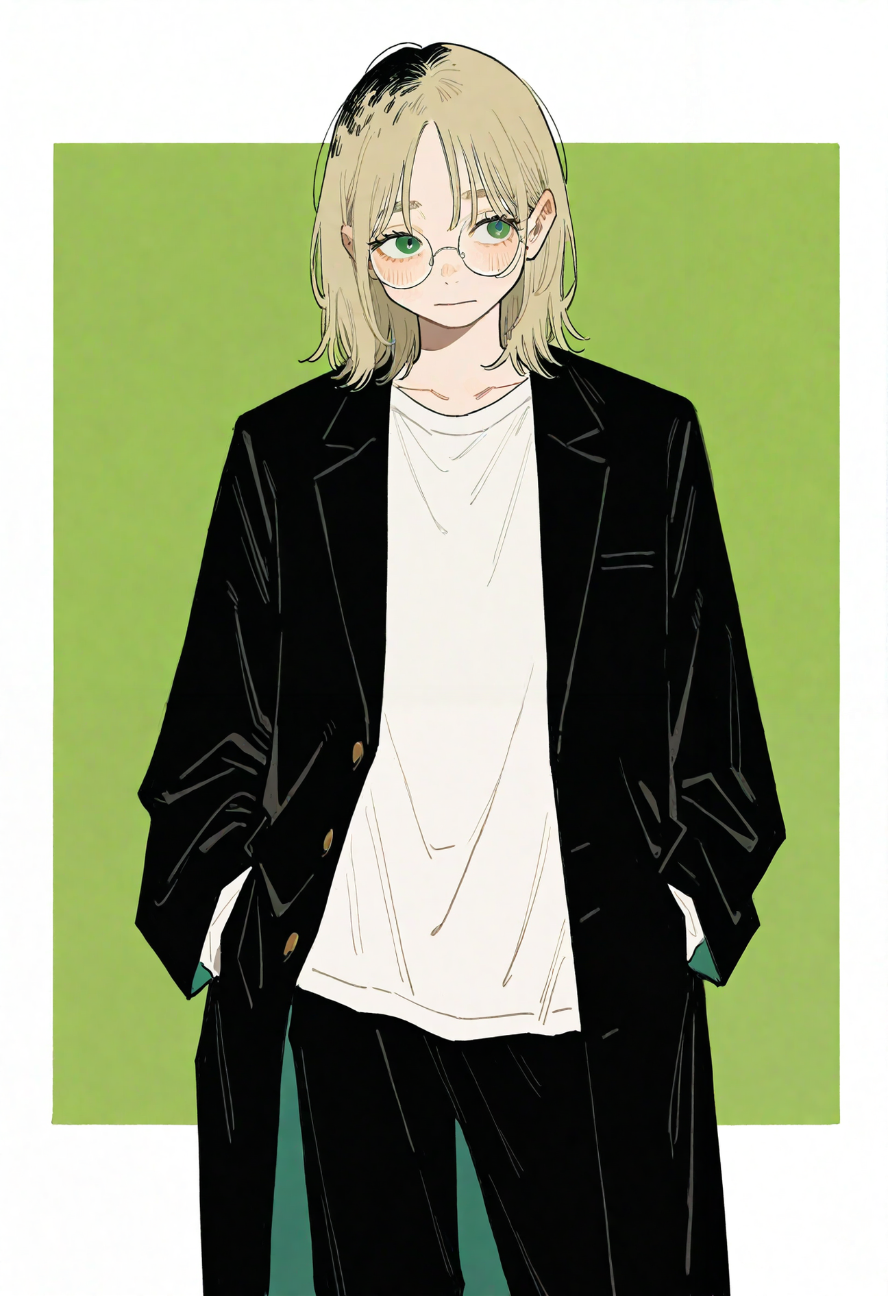 hachinuki tetsuyo, (go e 0000:1.2), (xilmo:1.1), vfaix, painting \(medium\), brush stroke, outside border, green background,
1boy, solo, androgynous, medium hair, parted bangs, round eyewear, green eyes, long eyelashes, dirty blonde hair, black roots \(hair\), hair down, blush,
oversized clothes, white shirt, black jacket, formal jacket, long sleeves, long jacket, wide sleeves, black pants, wide pants, 
leaning to the side, hands in pockets, contrapposto, looking afar,
masterpiece, best quality, newest, absurdres, highres, very awa, (perspective:1.1), 
<lora:owk_bsh_yy:0.5>,
 <lora:sample:0.8>,
 <lora:veluflora-wai:0.4>,
 <lora:ponyv6_noobV1_2_adamW:0.3>