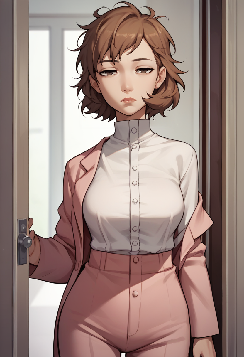 score_9, score_8_up, score_7_up, source_anime, 1girl, cowboy shot, looking at you, expressionless, half-closed eyes, <lora:zs_ToriumiXL:1> toriumip3, short hair, messy hair, brown hair, brown eyes, dress shirt, mature female, pink blazer, off shoulder, pink pants, indoors, doorway