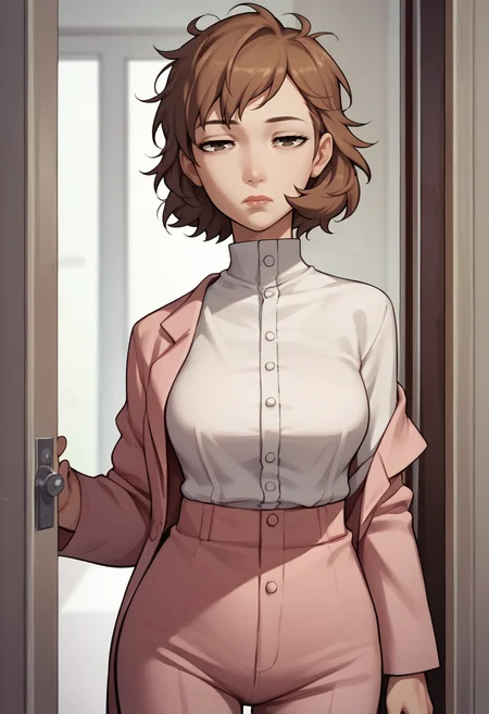 score_9, score_8_up, score_7_up, source_anime, 1girl, cowboy shot, looking at you, expressionless, half-closed eyes, <lora:zs_ToriumiXL:1> toriumip3, short hair, messy hair, brown hair, brown eyes, dress shirt, mature female, pink blazer, off shoulder, pink pants, indoors, doorway