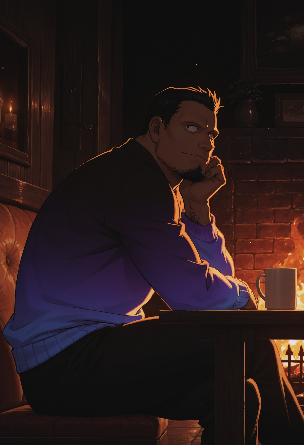 1boy, gradient sweater, rainbow gradient, sitting, crossed legs, head rest, thick arms, thick thighs, dark background, from side, turning head, facing viewer, looking afar,
black pants,
BREAK
<lora:Tsutomu_Muranaka_from_Detective_Conan_The_Bride_of_Halloween_v1.0_1769714:1>
tsutomumuranaka, mature male, no eyebrows, black hair, short hair, goatee, tan skin, thick arm hair,
BREAK
<lora:Summer Nights [LoRA] - NoobAI-XL EPS 1.0:0.36> low light, dark, night,
chiaroscuro, darkness, high contrast, wooden table, cup, fireplace, backlighting,
BREAK
very awa, masterpiece, best quality, absurdres, newest, perfect quality, detailed background, intricate details,