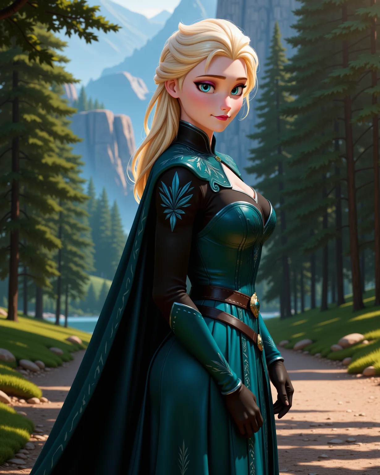 -looking at viewer, outdoors daylight, a 20 year old adult mature woman.
PhotoRealistic Style,  side view photo of.
<lora:Frozen_-_Elsa_v2_000030:1> f-elsa, blue eyes, blonde hairdark teal long-sleeved dress with black bodice, blue patterns, dark cloak, gloves, traveling boots
Upper Body view passport style